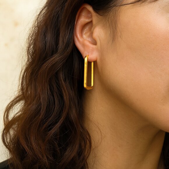 🆕 Minimalist Geometric Hoop Earrings 18K Gold Plated Stainless Steel Modern - Picture 3 of 10